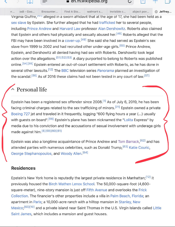 Snapshot of Wikipedia's article on Epstein at 10:30 AM